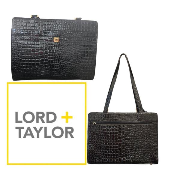 Lord and Taylor Croc Embossed Attache Patent Laptop Bag Oversize Messenger Tote - Picture 1 of 7
